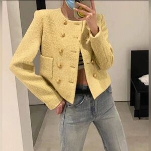 Yellow Wool Blend Tweed Jacket | Cropped Blazer | Gold Button Detail